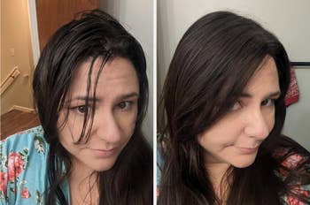 Side-by-side comparison of a woman with wet hair and styled dry hair, wearing a floral robe, showcasing hair transformation results