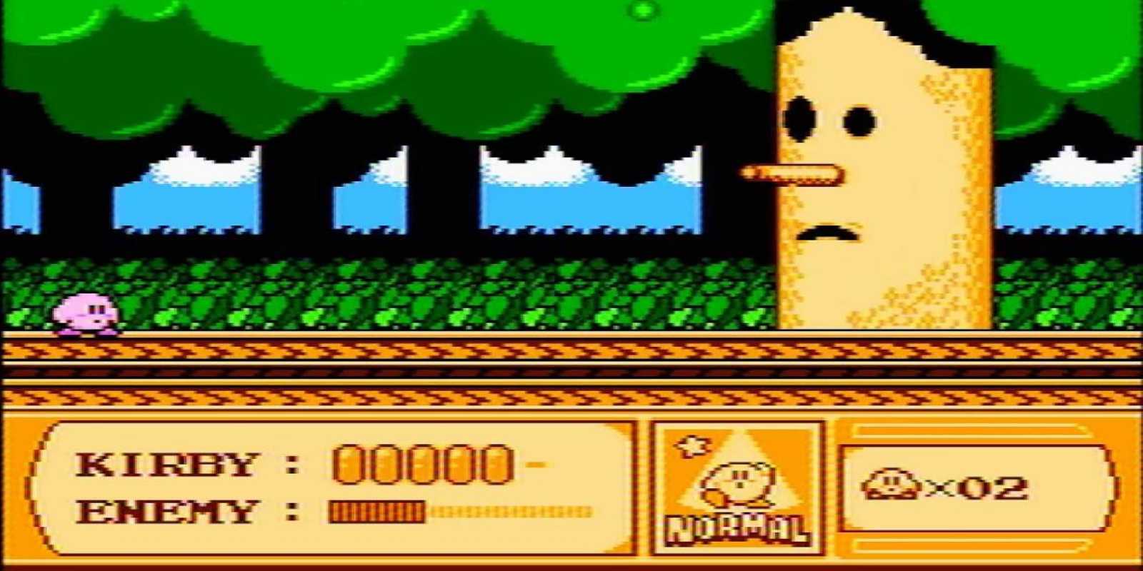 Kirby battles the Whispy Woods in Kirby's Adventure.