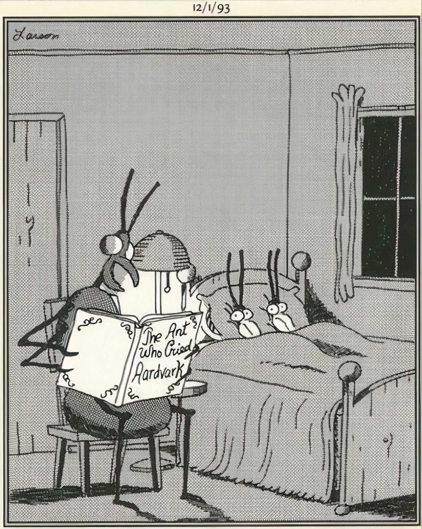 A momma ant reading a book to her children in The Far Side.