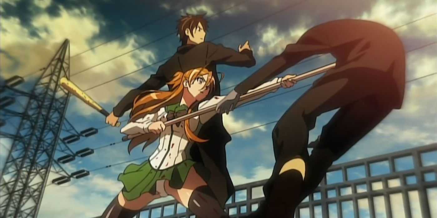 Rei and Takashi fight an enemy in Highschool of the Dead.