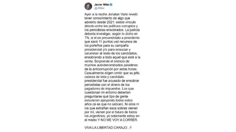Javier Milei defendió a su entorno y atacó a Horacio Rodríguez Larreta