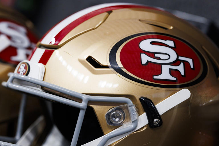 LAS VEGAS, NEVADA - AUGUST 23: A detail view of a San Francisco 49ers logo on a helmet during a preseason game against the Las Vegas Raiders at Allegiant Stadium on August 23, 2024 in Las Vegas, Nevada. (Photo by Ric Tapia/Getty Images)