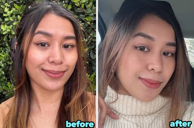 Two side-by-side photos of a person. Left: casual; right: in a cream turtleneck. Both show makeup styles for a shopping article