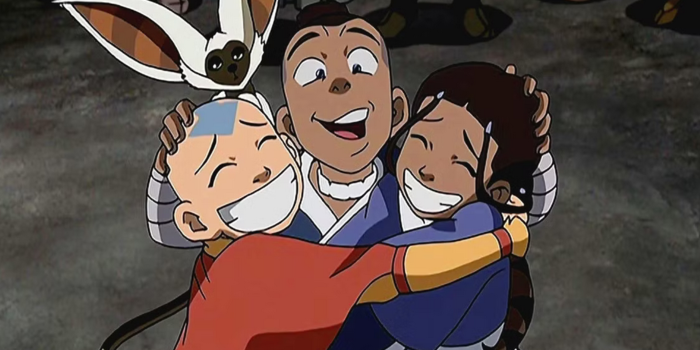 Avatar: The Last Airbender's Aang, Sokka and Katara hugging each other before Ba Sing Se