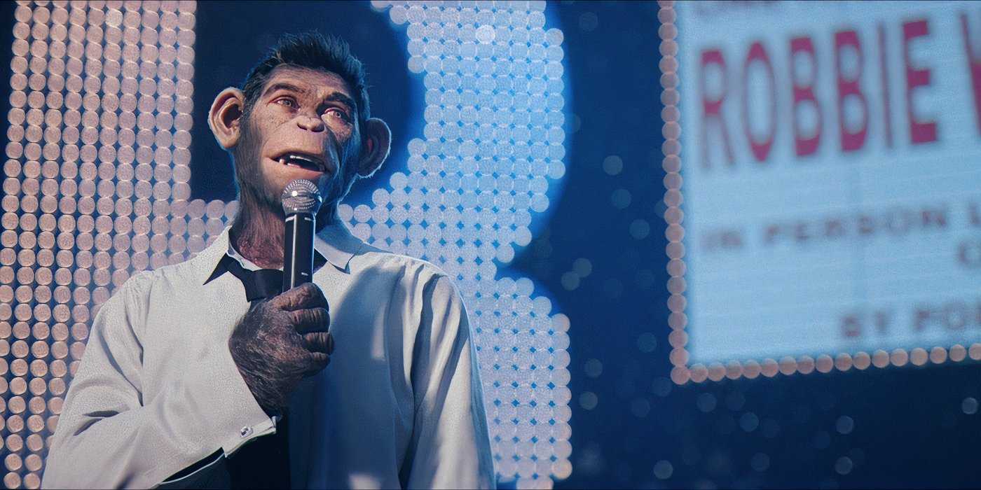 Robbie Williams performing at a concert in Better Man