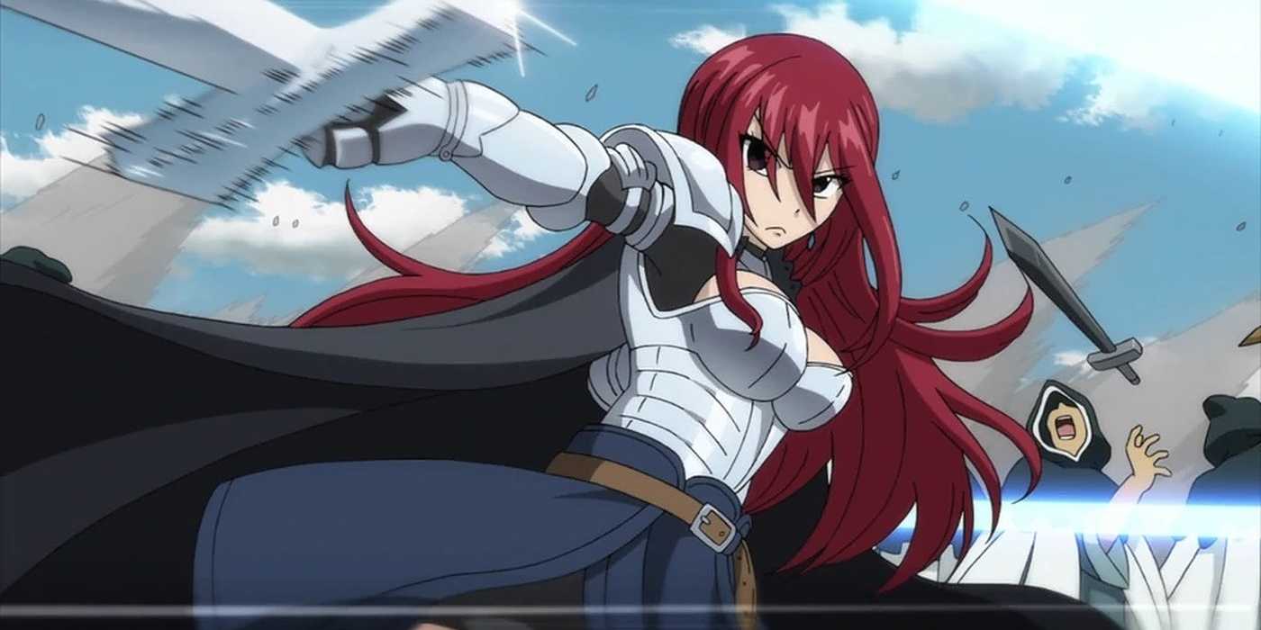 Erza Scarlet fights enemies with her sword in Fairy Tail.