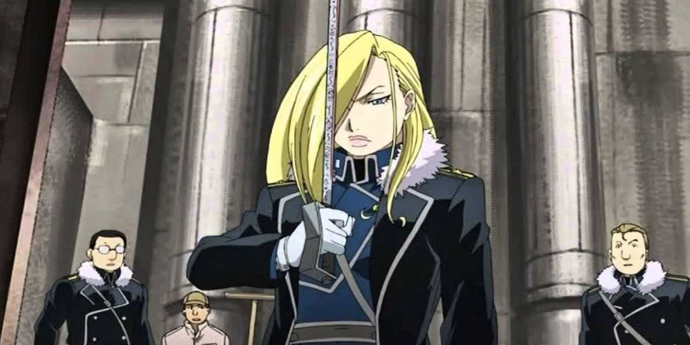 Olivier Mira Armstrong holding her sword in Fullmetal Alchemist: Brotherhood.