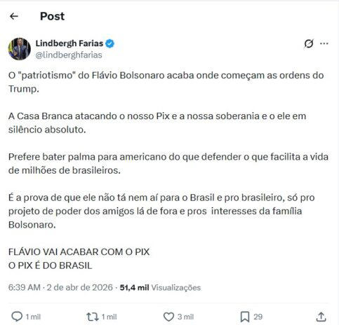 Post de Lindbergh Farias (Reprodução: X, antigo Twitter)
