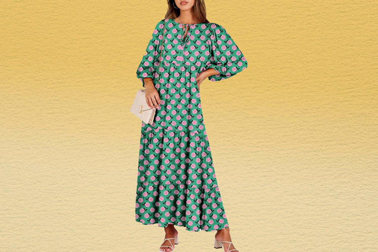 green emerald velvet dress Rotate Women's Printed Maxi Flowy Dress – Saint Bernard main image 0
