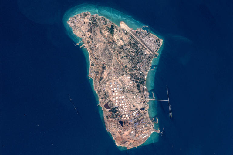A satellite view of Iran's Kharg Island.