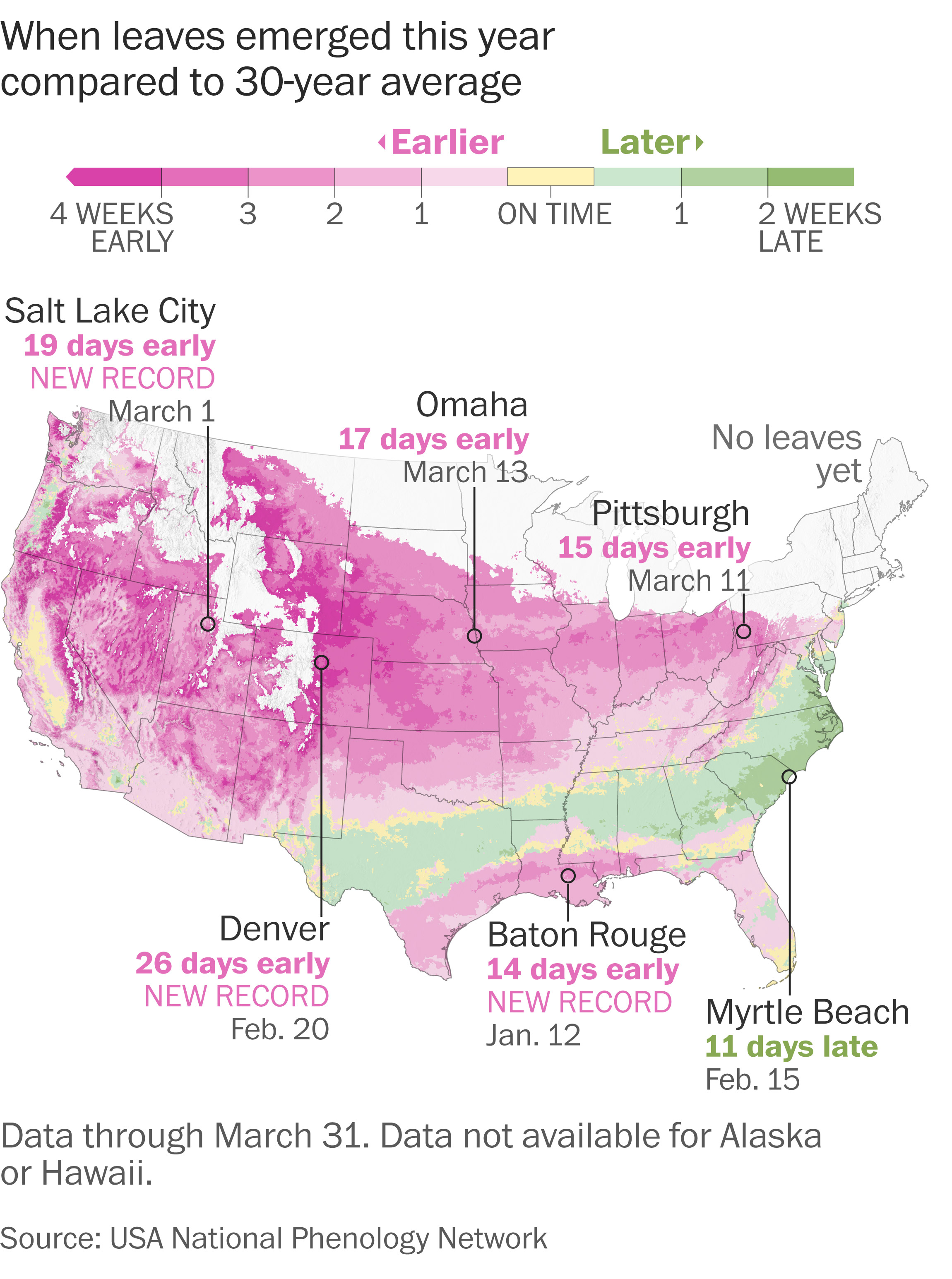 See where flowers and leaves are emerging early after record-warm March