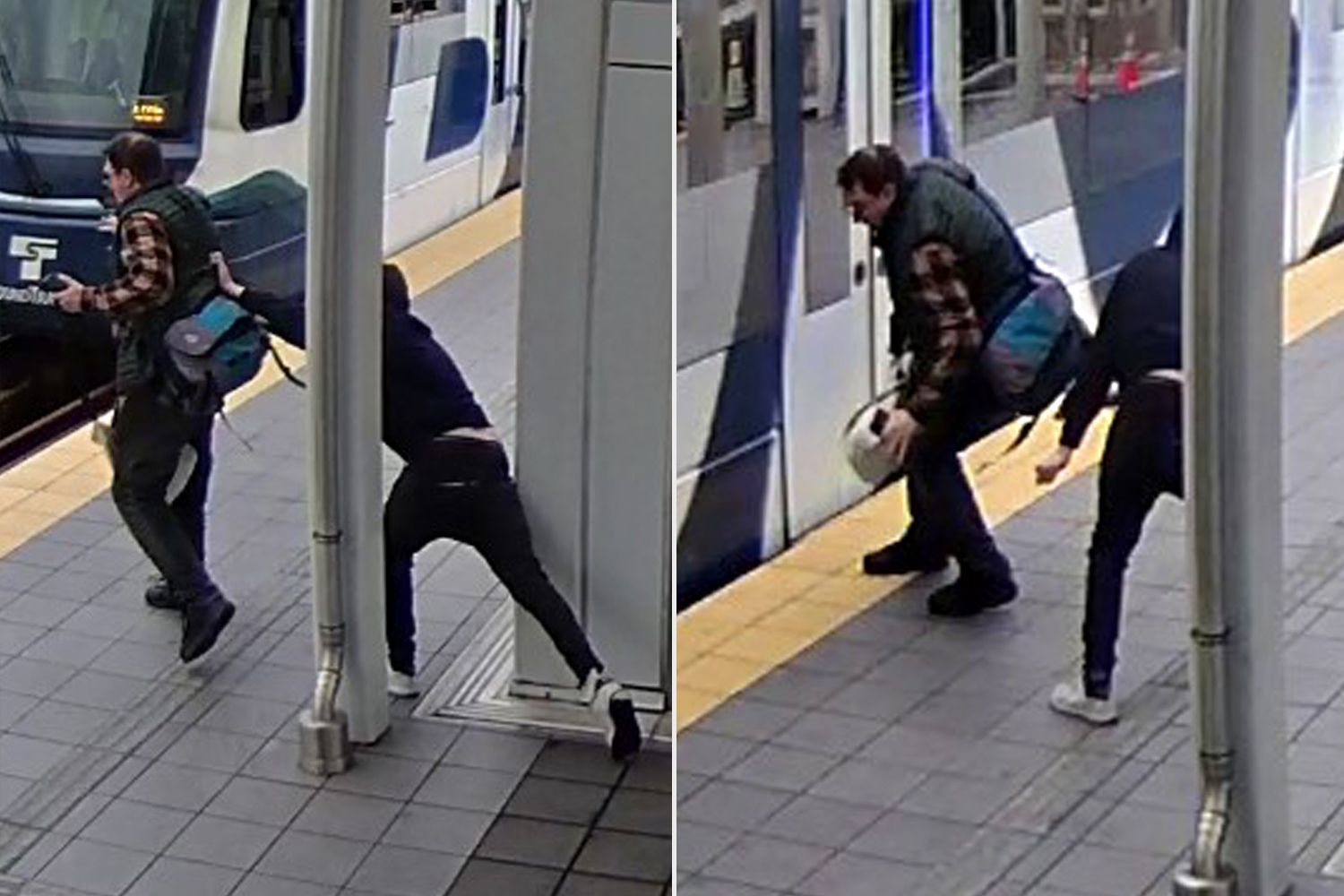 Hooded figure seen trying to push man in front of oncoming train in ...