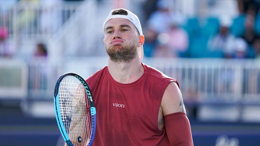 Jack Draper reacts during his tennis match at the Miami Open.