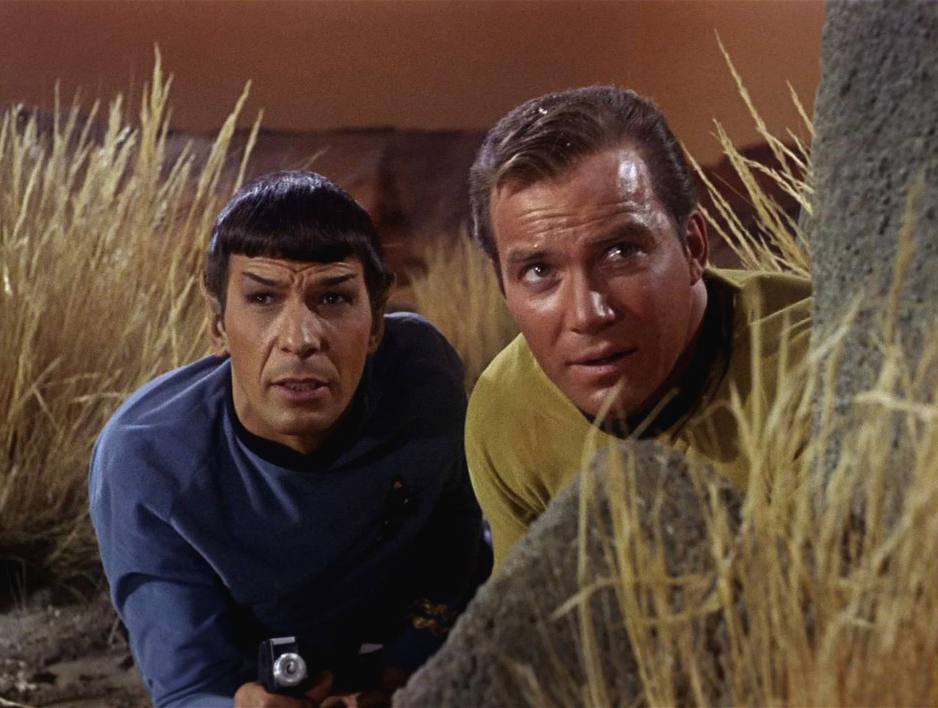 American actor Leonard Nimoy as Mr. Spock and Canadian actor William Shatner as Captain James T. Kirk appear in a scene from 'The Man Trap,' the premiere episode of 'Star Trek,' which aired on September 8, 1966.