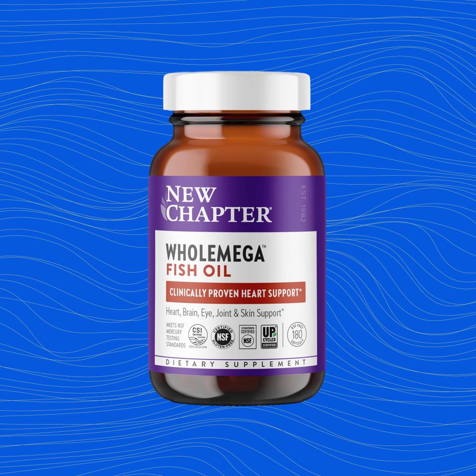 A bottle of New Chapter Wholemega Fish Oil dietary supplement