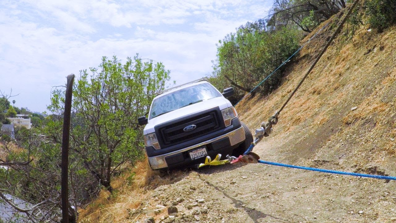 GPS fail! Smart rigging saves this Ford F-150 from falling down a hill