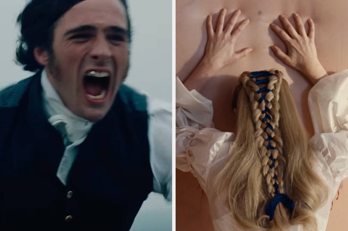 Two movie stills: A man in period attire appears to shout. A woman with braided hair faces down, pressing hands on someone's back
