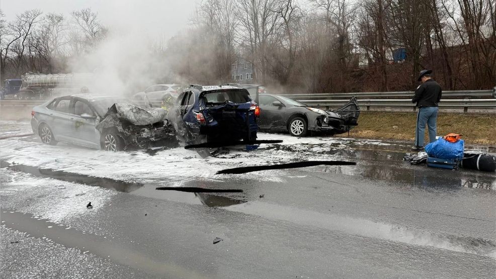 Car catches fire after multi-vehicle crash on I-295 in Yarmouth