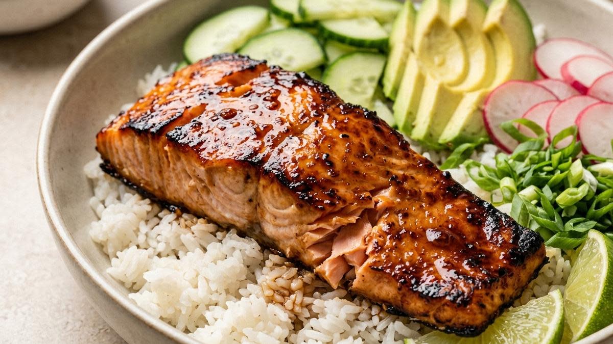 Sticky hot honey salmon rice bowls