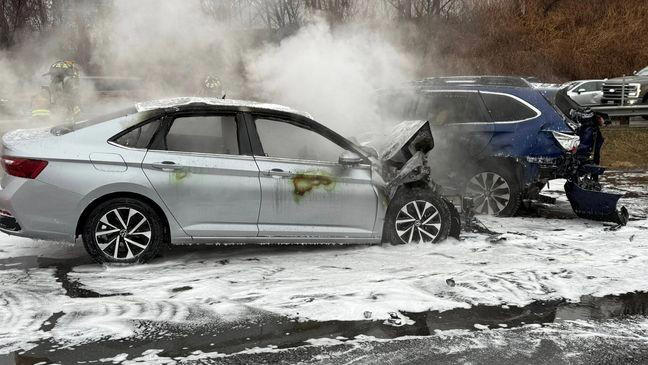 Car catches fire after multi-vehicle crash on I-295 in Yarmouth