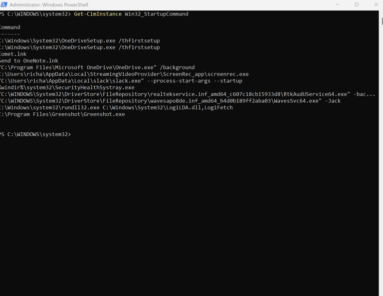 A screenshot of Windows 11 Powershell with the command run that shows all the startup files.