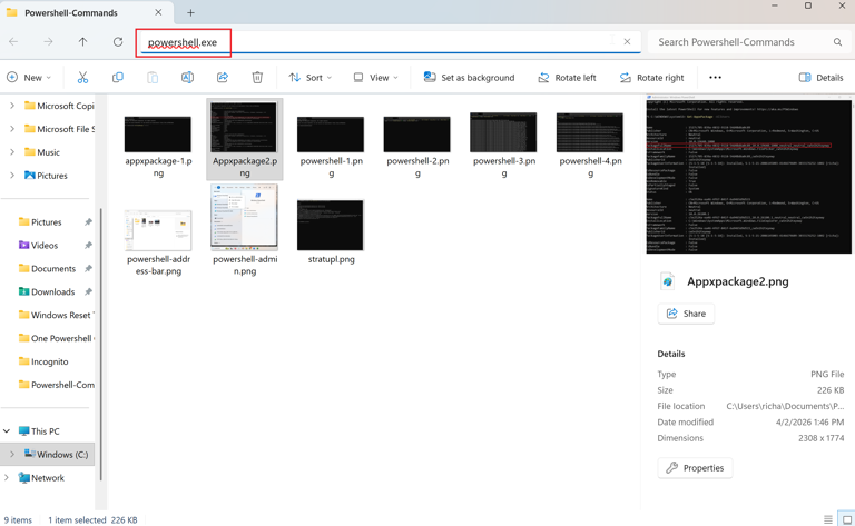 A screenshot of Windows 11 File Explorer open. Powershell is typed into the address bar and highlighted in red.