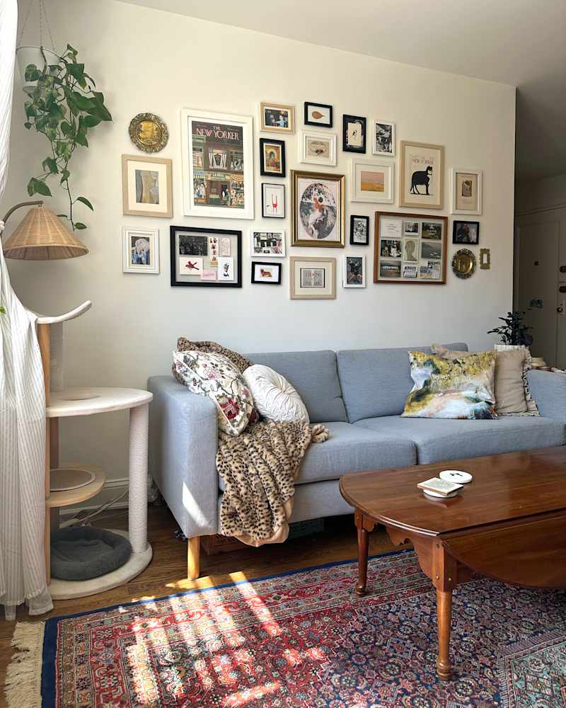 Cozy living room with a light blue sofa, decorative pillows, a patterned rug, and a gallery wall of framed art.