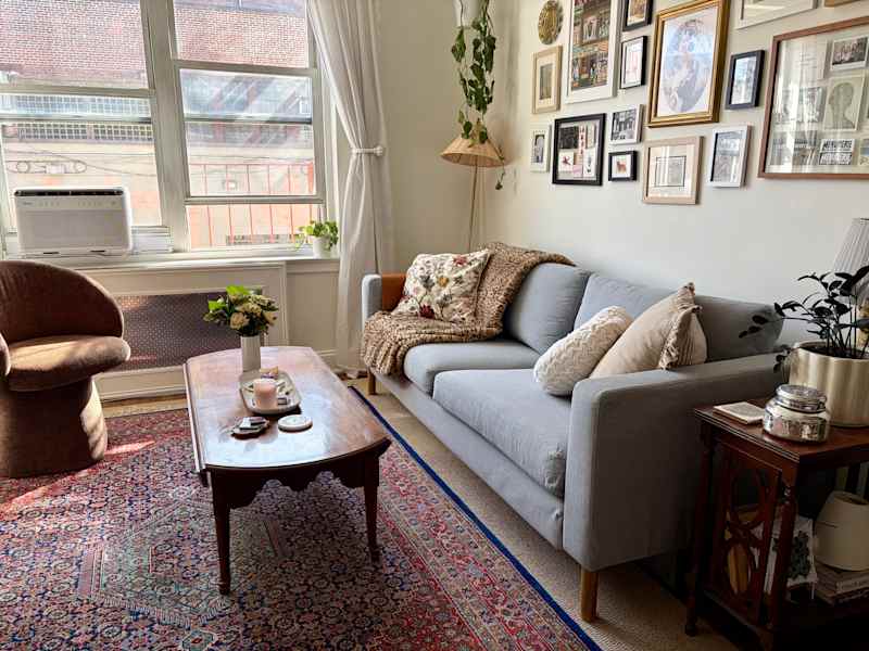 Gray sofa with decorative pillows, wooden legs, and a patterned rug underneath. Wall art is visible in the background.