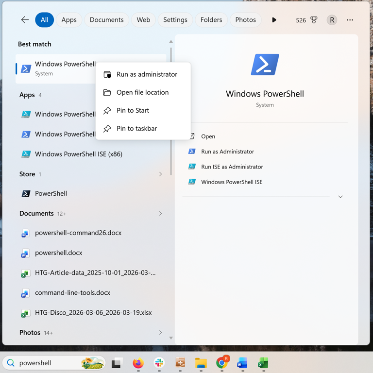A screenshot of Windows 11 search box with powershell typed in it. The Windows Powershell right click context menu is open.