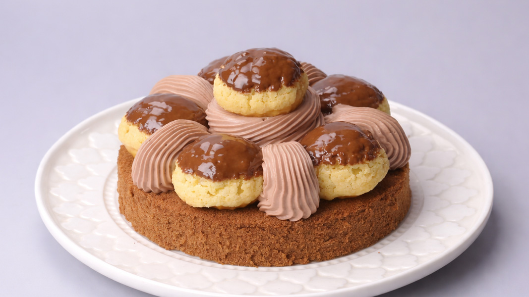 Cream dessert with chocolate choux topping