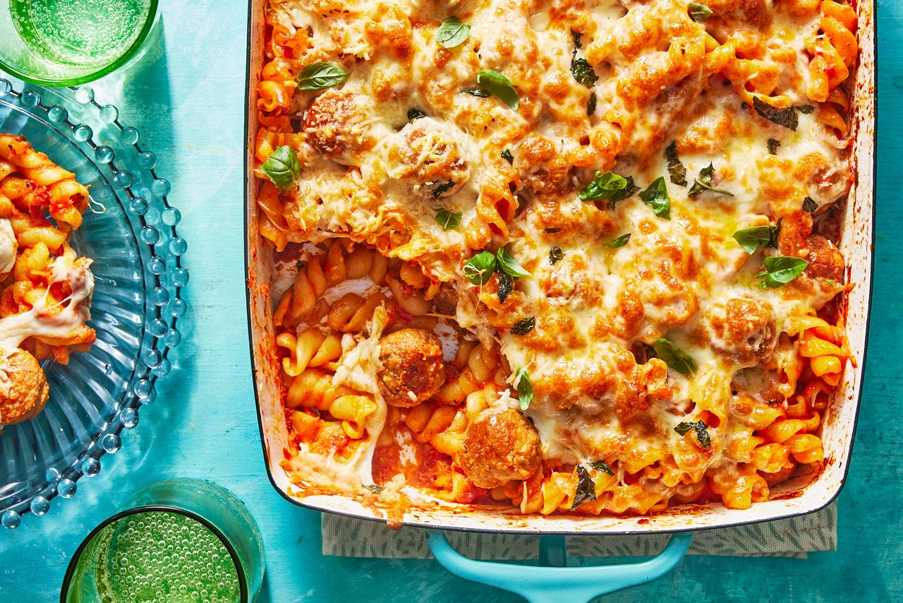 Southern Living Easy Baked Meatball Casserole in the dish to serve
