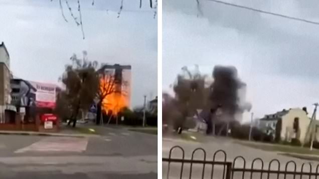 Security camera footage showing the moment a Russian drone struck a Kyiv school building.