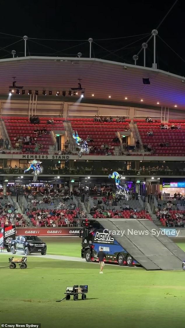 The evening entertainment in the main arena was halted for half an hour following the horror motocross crash