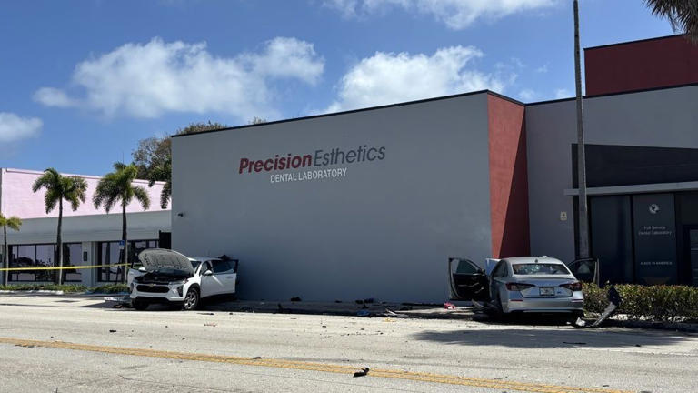 Wrong-way crash in West Palm Beach sends two cars into dentist office