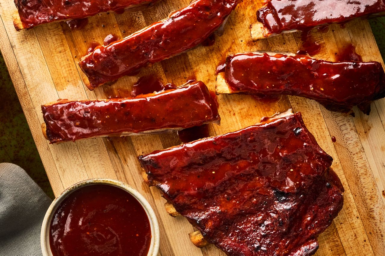 Slow Cooker Barbecue Spareribs on a cutting board ready to serve