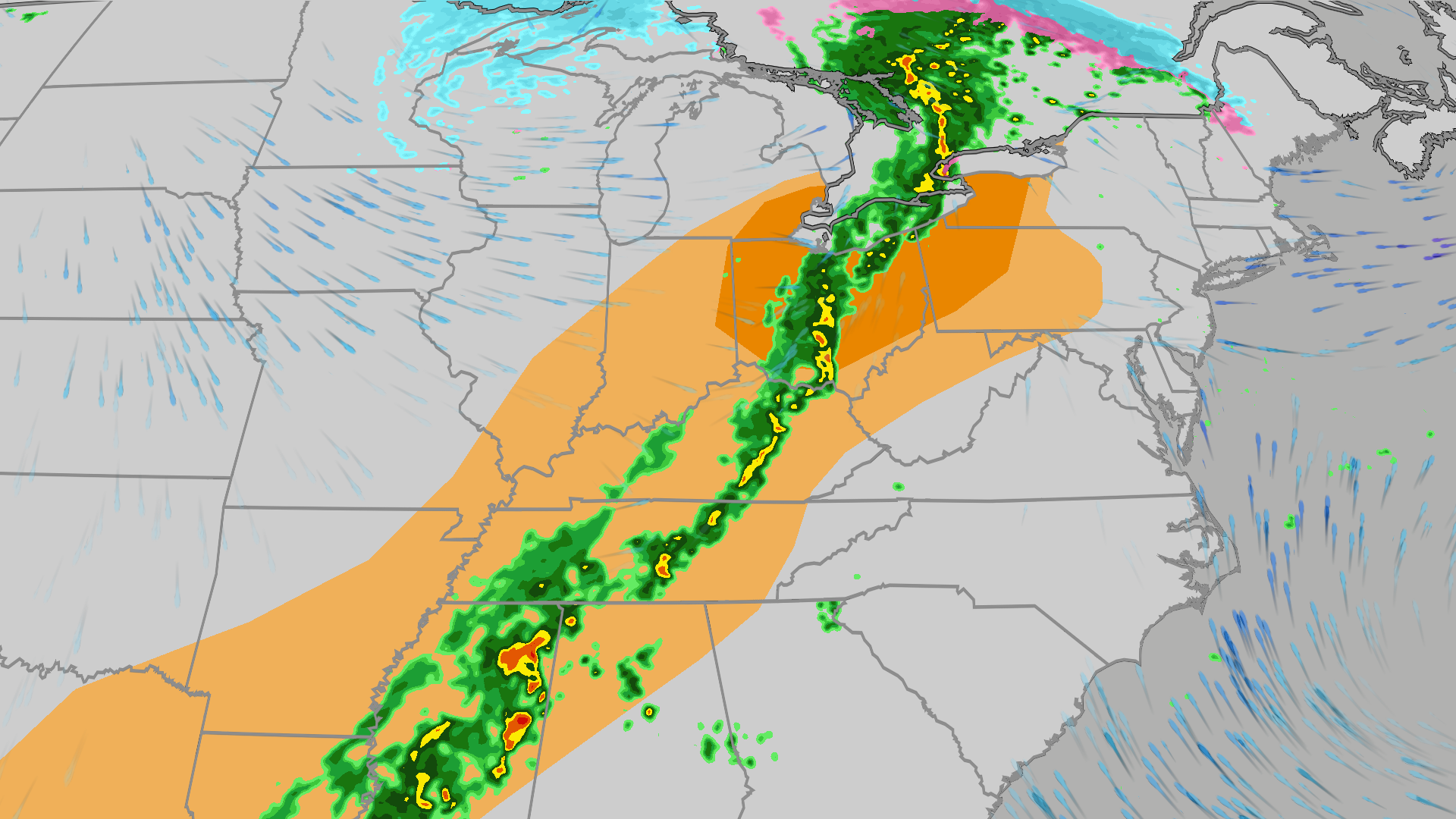Severe Thunderstorms To Bring Gusty Winds, Possibly A Tornado Or Two Threat, From Texas To New York Saturday<br><br>