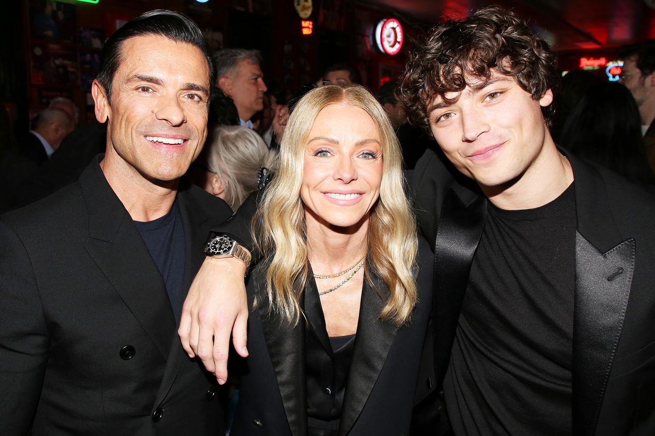 Mark Consuelos, Kelly Ripa and Joaquin Consuelos at the Broadway opening night of 'Death of a Salesman' on April 9, 2026 Credit: Bruce Glikas/Getty