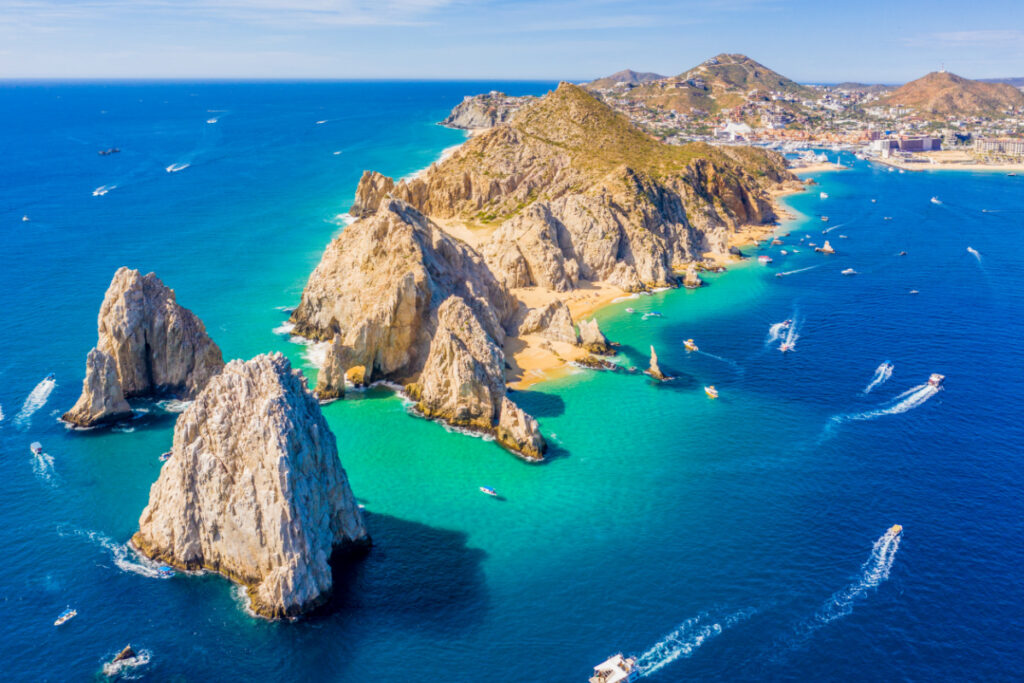 Aerial view of Lands End and the Arch of Cabo San Lucas, Baja California Sur, Mexico, where the Gulf of California meets the Pacific Ocean
