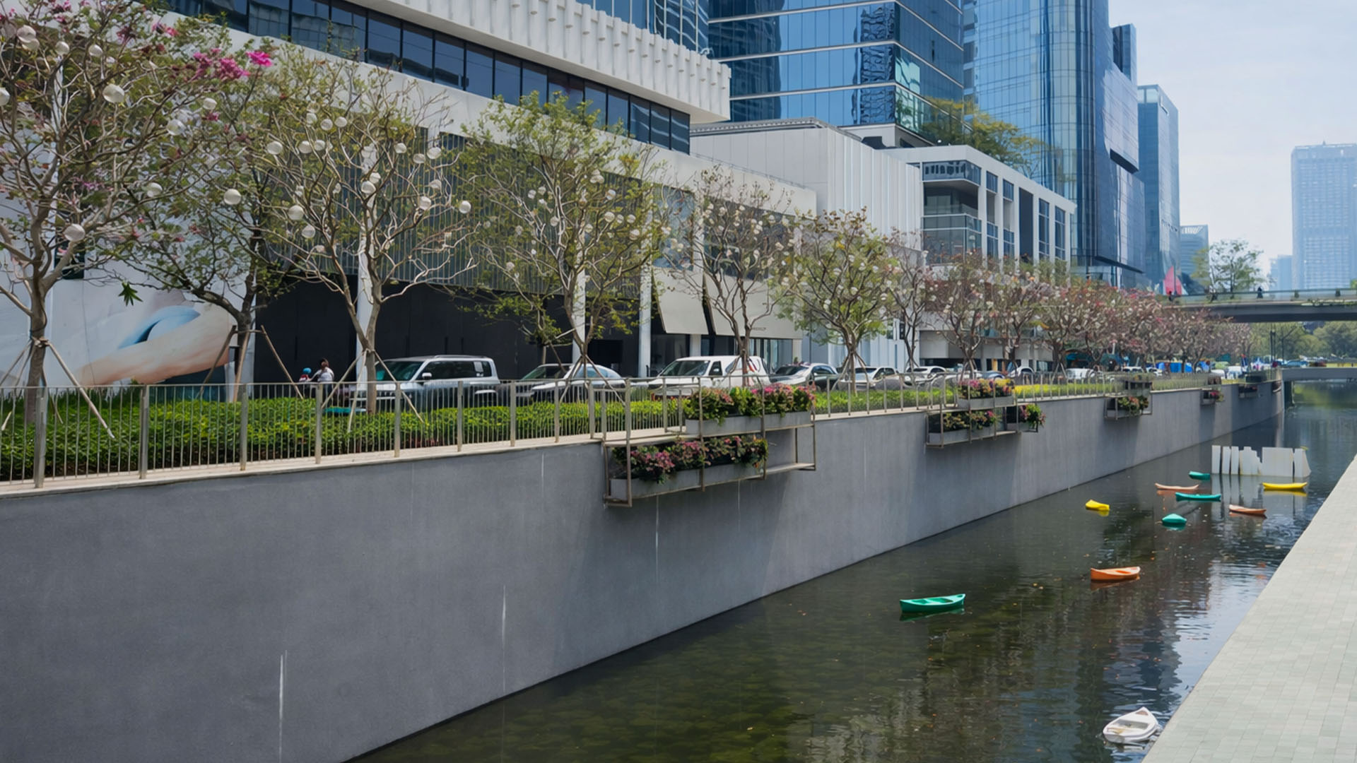 A hidden river view appears between buildings in China city area