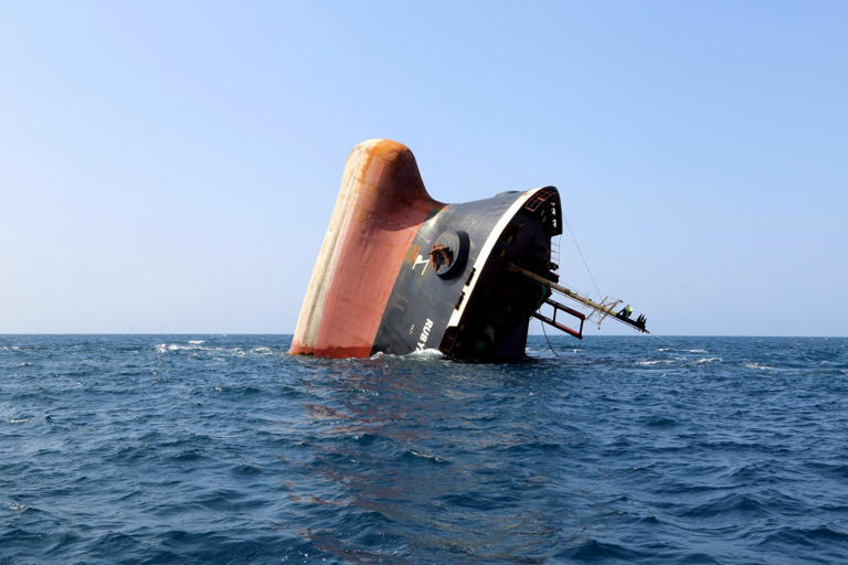 The Rubymar cargo ship sinking off the coast of Yemen in 2024.