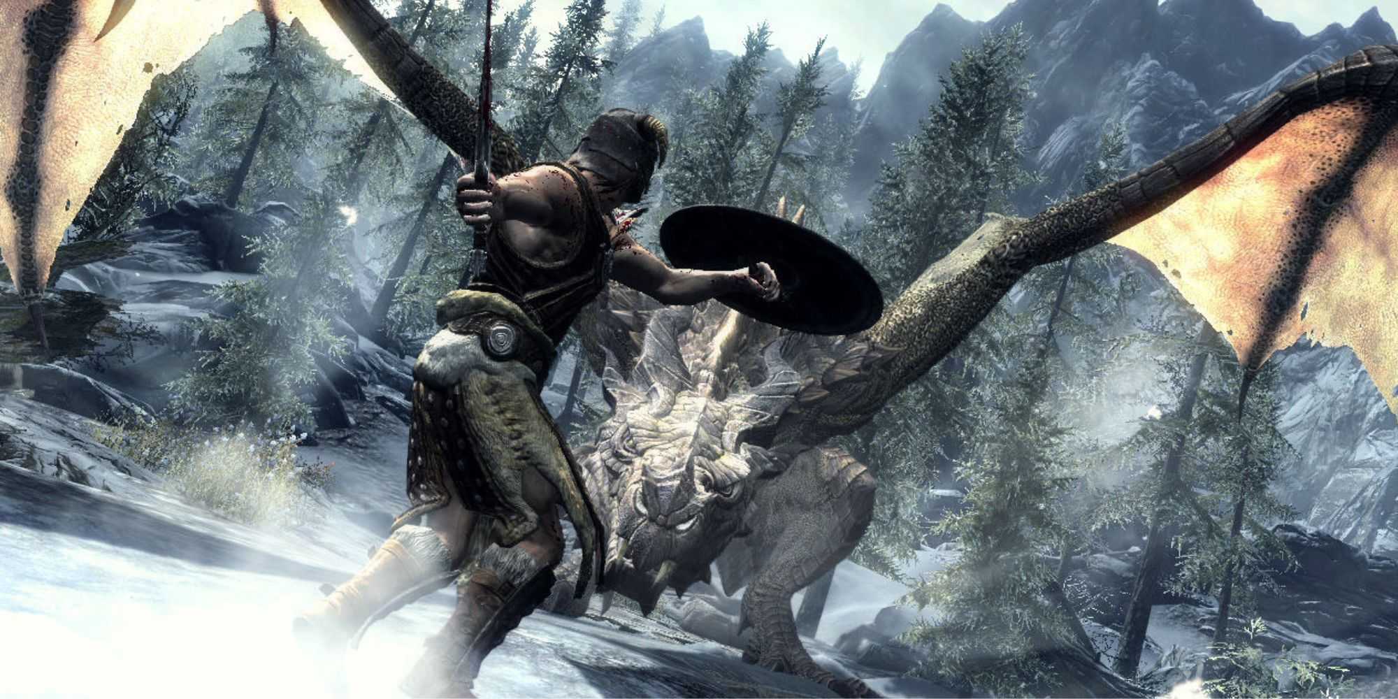 A player fights a dragon in Skyrim
