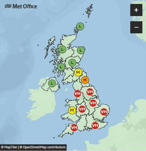 Met Office issues 'very high' warning to 7 UK areas on Saturday and ...