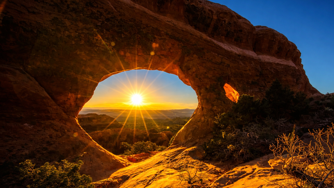 Golden light crossing through a natural rock window at evening