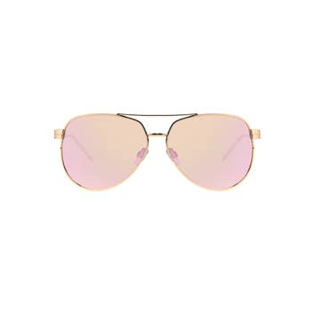 Aviator sunglasses with gold frames and pink-tinted lenses against a white background