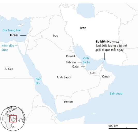 Vị trí của Iran và eo biển Hormuz. Đồ họa: Guardian