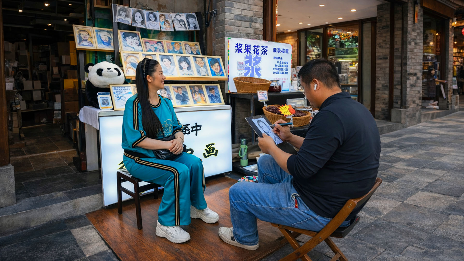 Simple street activity where artists create personal portrait drawings