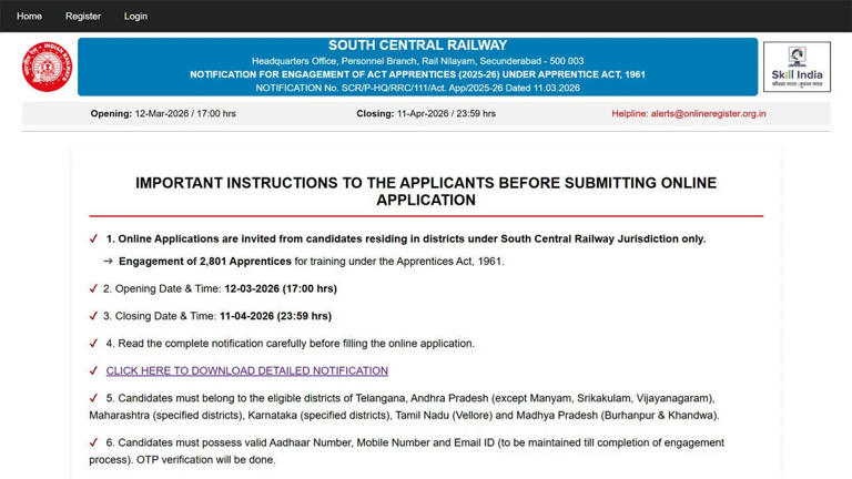 RRC SCR apprentice recruitment 2026 notification closes today for 2801 ...