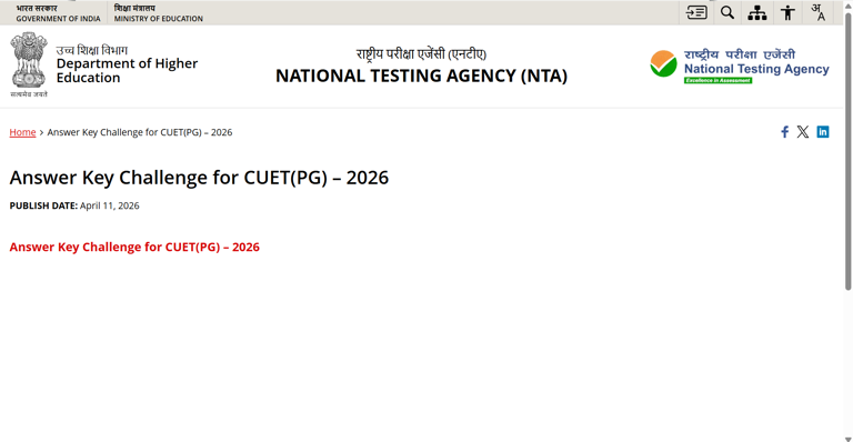 CUET PG 2026 answer key, response sheet released at exams.nta.nic.in ...