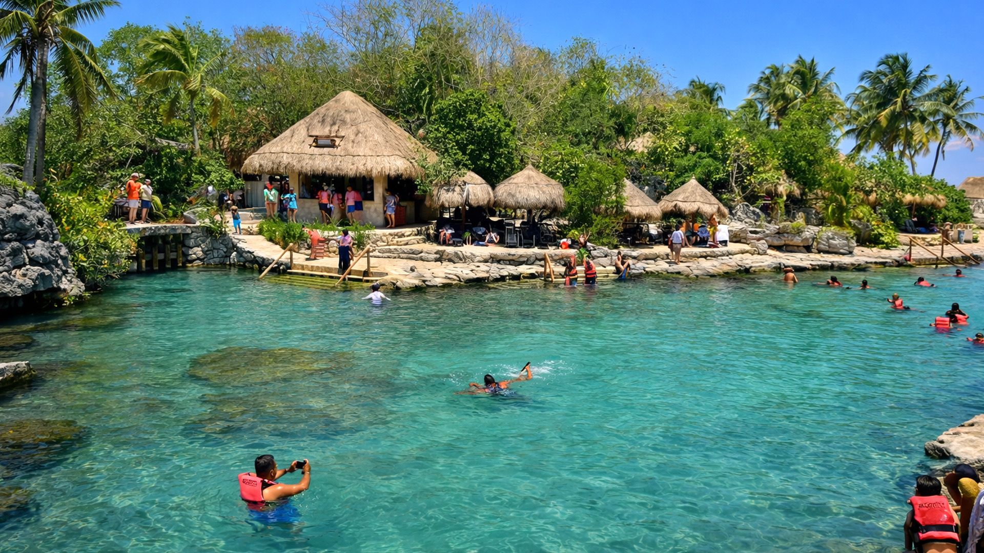 Floating huts built above a crystal clear lagoon