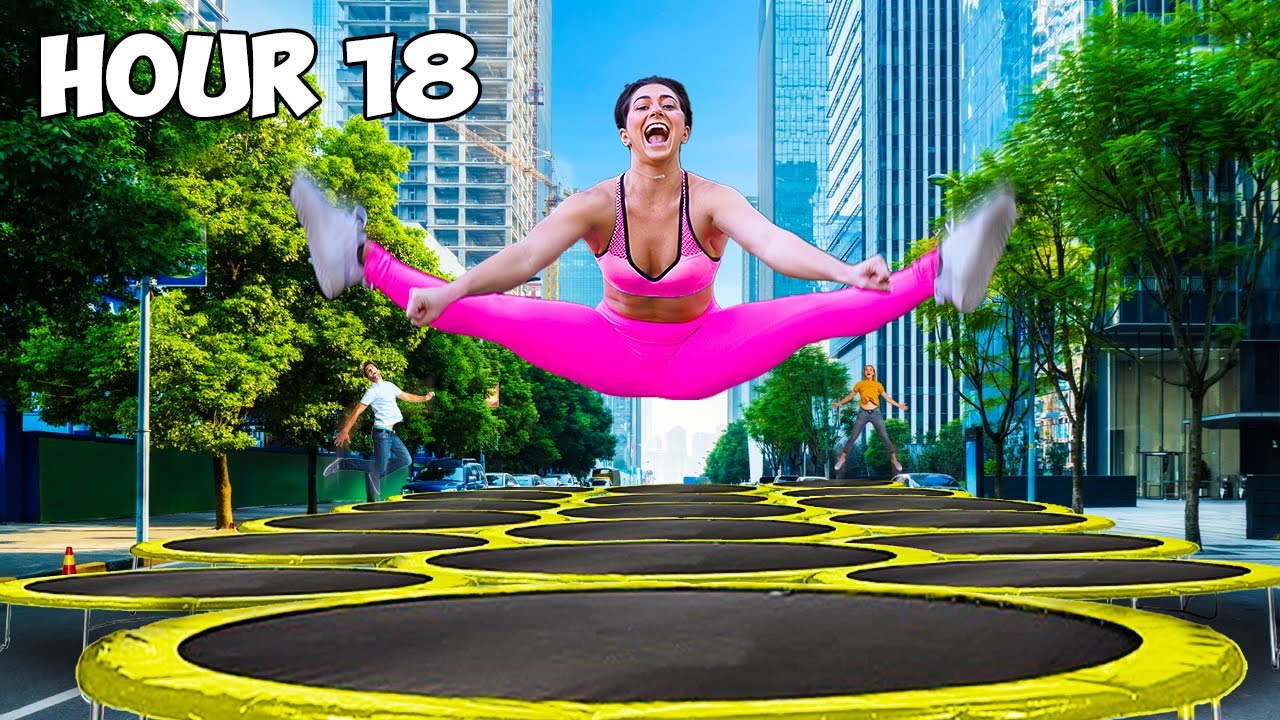 Gymnasts spend an entire day inside a massive trampoline city